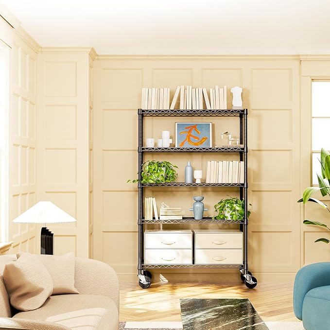 IZEUK 5-Tier Storage Shelving Unit with Wheels, Adjustable Heavy Duty Steel Wire Rack Organizer (Black, 17.7" D x 47.2" W x 76.7" H, 1750 lbs Capacity) for Garage, Kitchen, Office, Laundry, Basement