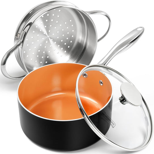 MICHELANGELO 2 Quart Saucepan with Steamer & Glass Lid - Nonstick Sauce Pan with Lid | Ceramic Steamer Pot, Induction Compatible, Oven Safe