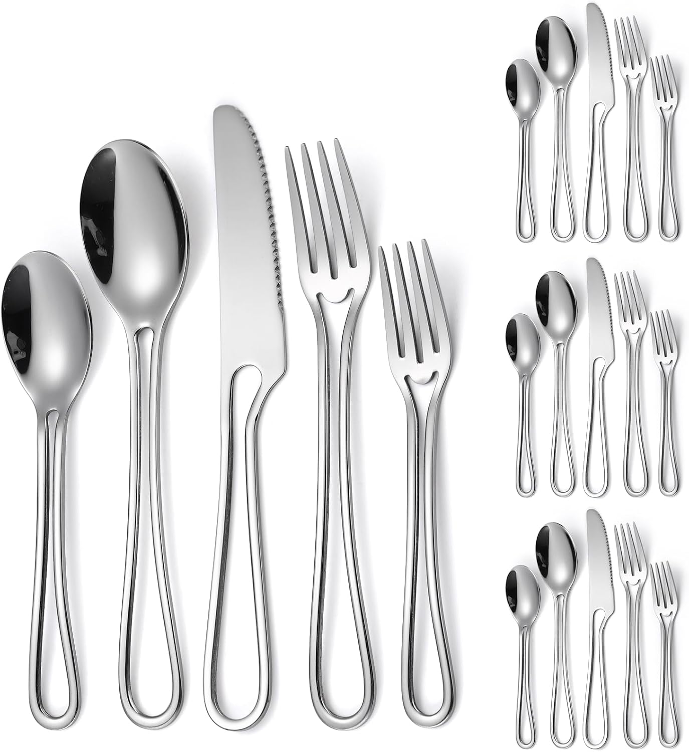 Silvery Flatware Set 4 Hollow Out Cutlery Stainless Steel Silverware 20 Pieces Forks Spoons and Knives Kitchen Utensils Hanging Handle Durable