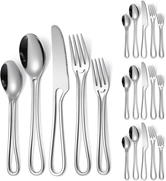 Silvery Flatware Set 4 Hollow Out Cutlery Stainless Steel Silverware 20 Pieces Forks Spoons and Knives Kitchen Utensils Hanging Handle Durable