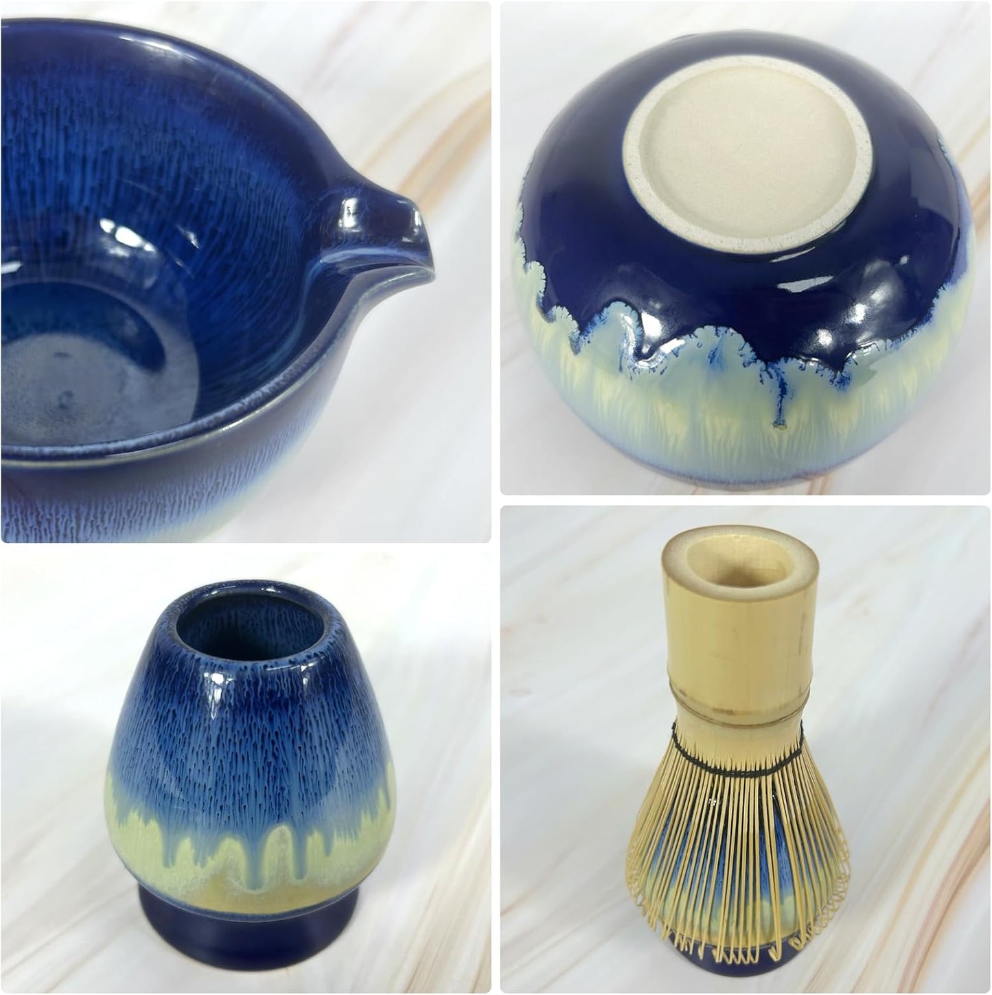 Matcha Whisk Set 6 pc Kit - Traditional Japanese Chasen, Bamboo Whisk Holder, Ceramic Bowl with Spout, Sifter & 2 pc Spoons - matcha kit set, Gift for Matcha Tea Lovers (Gradient Blue)