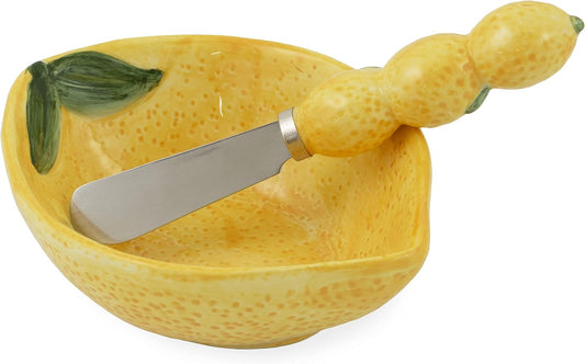Boston International Ceramic Bowl and Stainless Steel Spreader, 5 x 3.75-Inches, Painterly Lemons