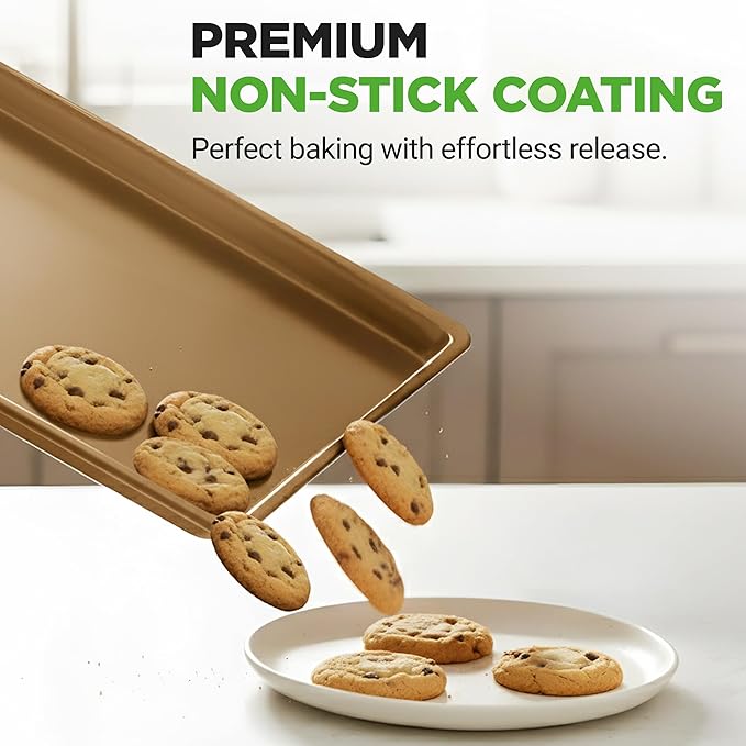 NutriChef 2-Piece Nonstick Stackable Cookie Sheet Set – Non-Toxic Carbon Steel Baking Pans – Heavy Duty, Warp-Resistant, Easy to Clean, Oven & Dishwasher Safe Bakeware