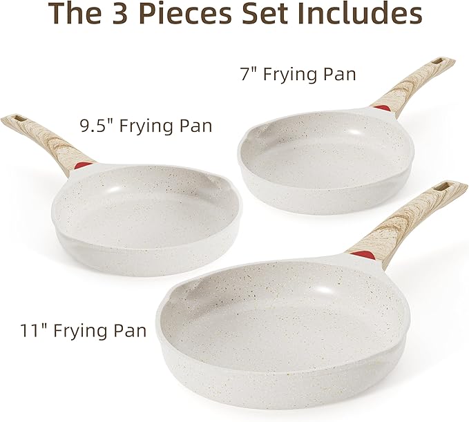Caannasweis Nonstick Granite Frying Pan Skillet, Non Stick Omelette Fry Pans, Omelet Egg Pan, Stone Cookware Chef's Pan, Induction Compatible, PFOA Free (Beige, 3 Pcs)