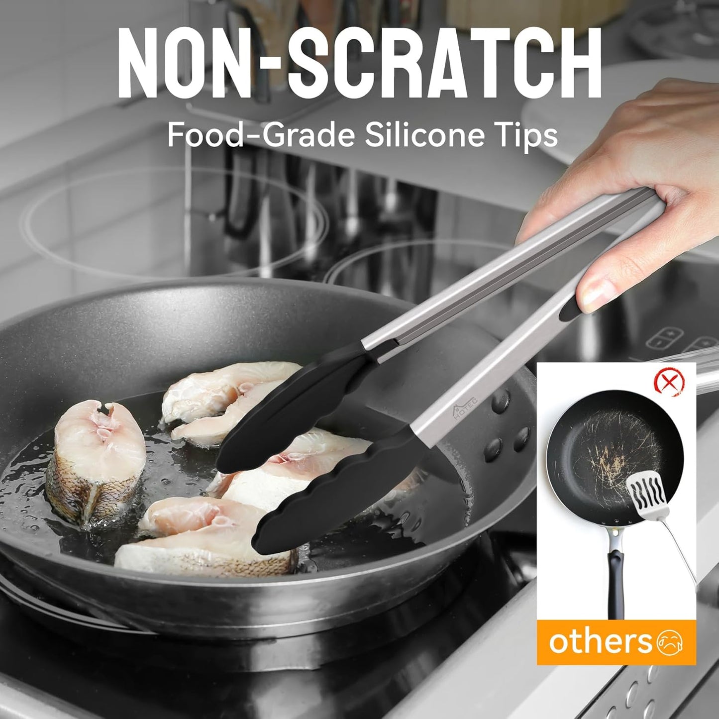 HOTEC Premium Stainless Steel Locking Kitchen Tongs with Silicon Tips, Set of 3-7", 9" and 12" (Black,Grey,Khaki)