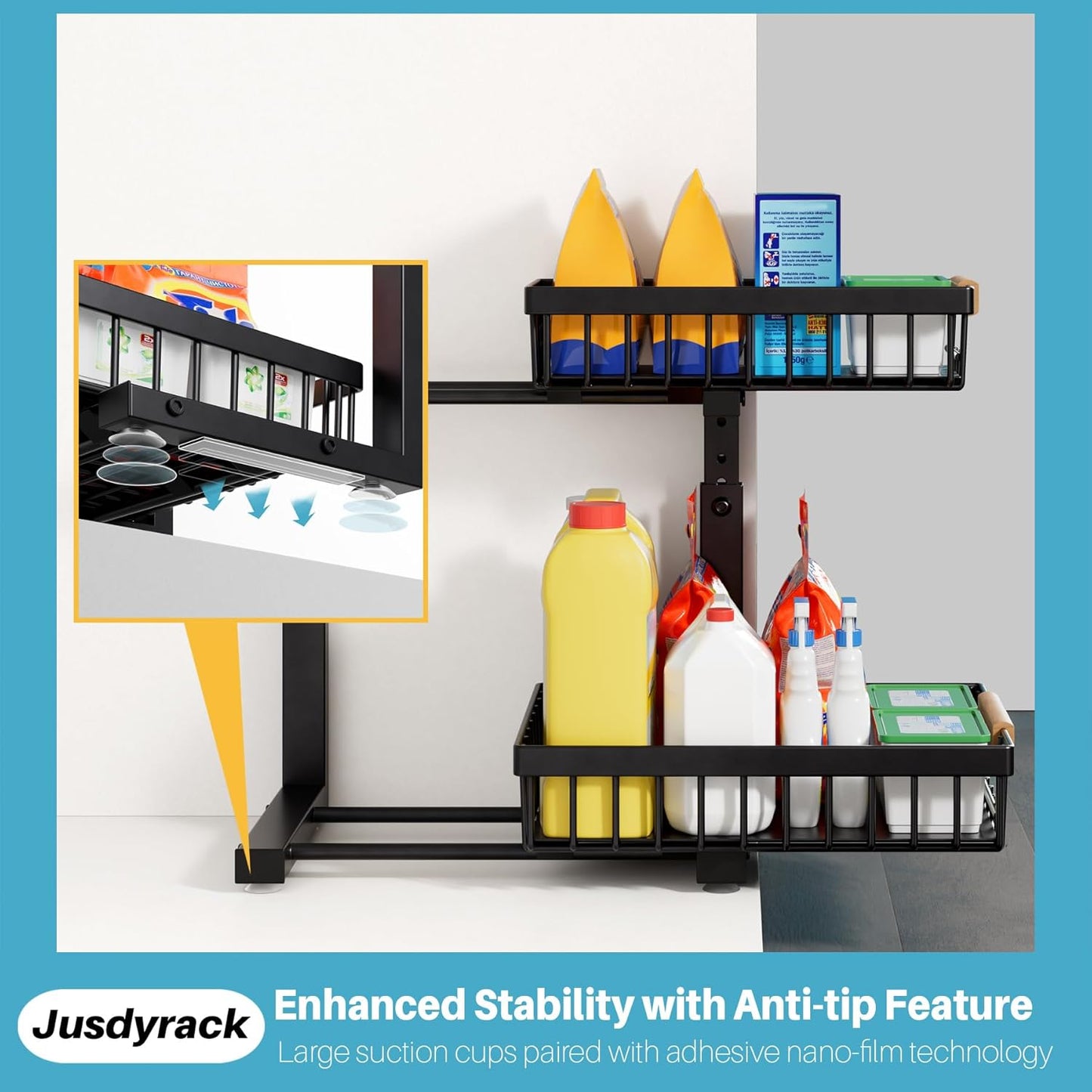 Under Sink Organizer,2 Packs 2 Tier Sliding Pull Out Cabinet Storage Shelf, Metal Drawer for Kitchen Bathroom Cabinet, Under Sink Organizer Organization Rack, Rust-Resistant Black