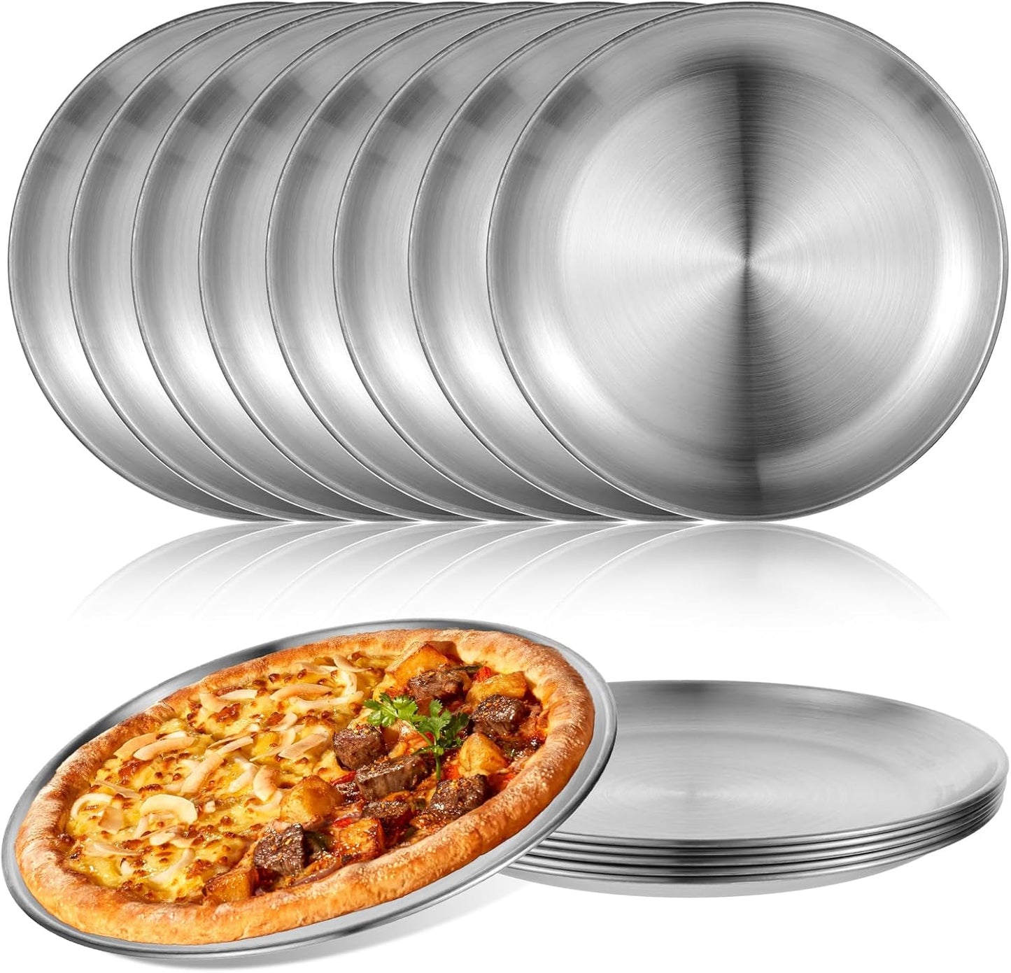 8 Pieces Stainless Steel Pizza Pan, 8 Inch Round Pizza Pans Reusable Pizza Plate Non Stick Small Pizza Pan for Baking, Serving, and Displaying