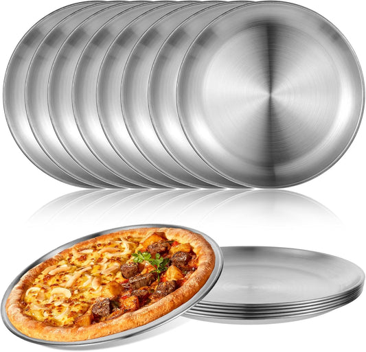 8 Pieces Stainless Steel Pizza Pan, 8 Inch Round Pizza Pans Reusable Pizza Plate Non Stick Small Pizza Pan for Baking, Serving, and Displaying