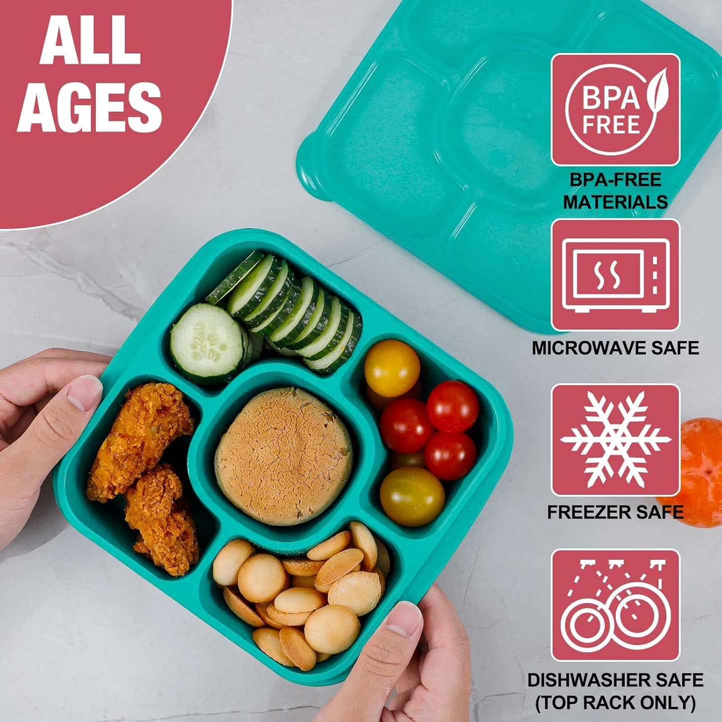 Caperci Original Bento Snack Box Containers - Reusable 5-Compartment Lunchable Food Storage Containers for School, Work and Travel, BPA-Free, Set of 4 (Jewel Bright)