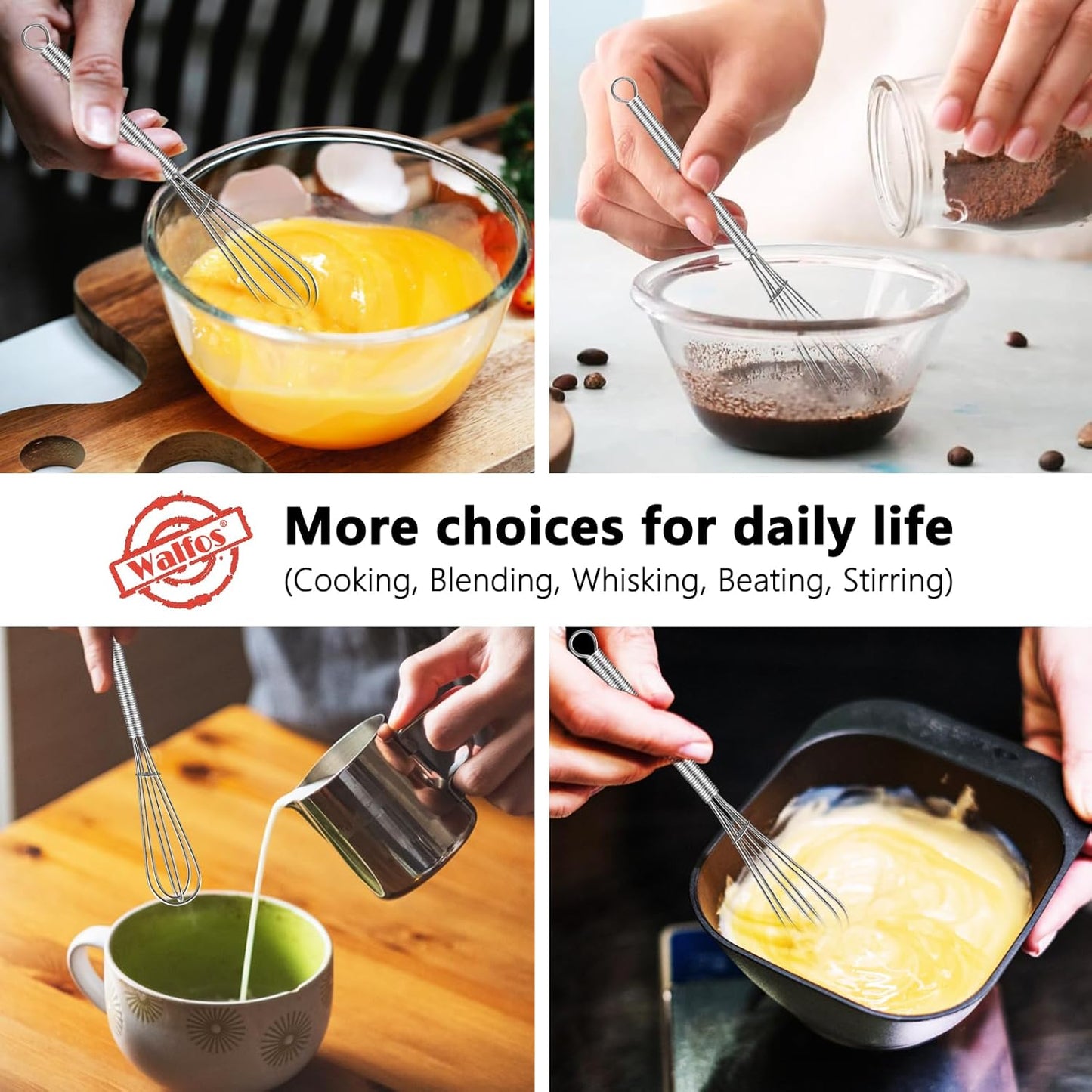 Walfos Mini Whisk,304 Anti-Rust Small whisk,Sturdy Stainless Steel Wire Tiny Whisks 6+7+8in,Ideal for mixing individual eggs, jams, spices and other small portion ingredients.(3pcs）