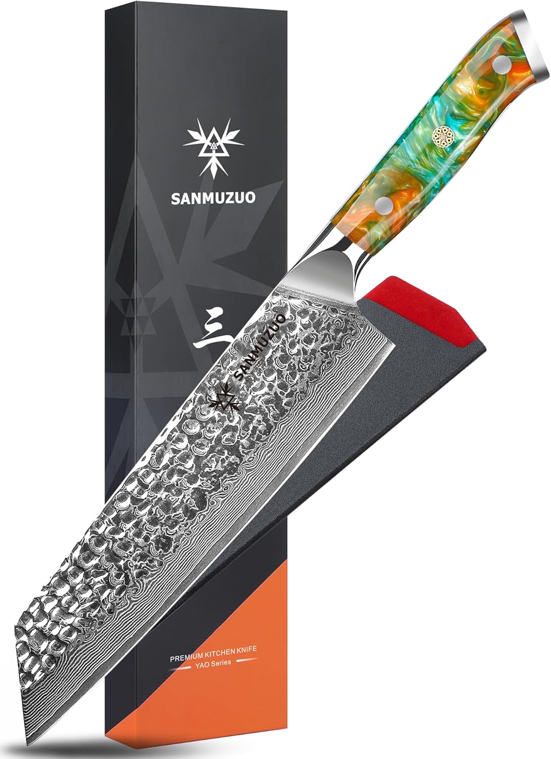 8.5" Kiritsuke Knife - Professional Kitchen Chef Knife - Hammered Damascus Steel & Resin Handle - YAO Series