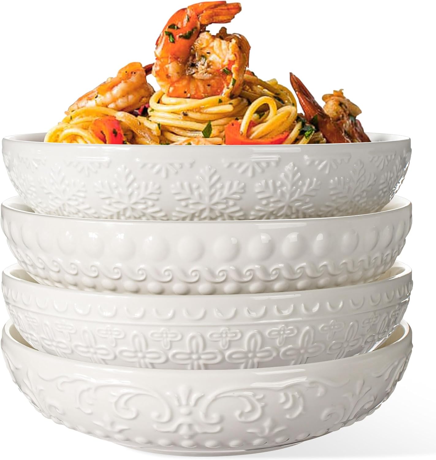 Pasta Bowls, 32oz Salad Bowls Set of 4, White Ceramic Soup Bowls 8 Inch Embossment Large Serving Bowl Wide and Shallow Bowls for Kitchen, Microwave & Dishwasher Safe (Multiple Patterns)