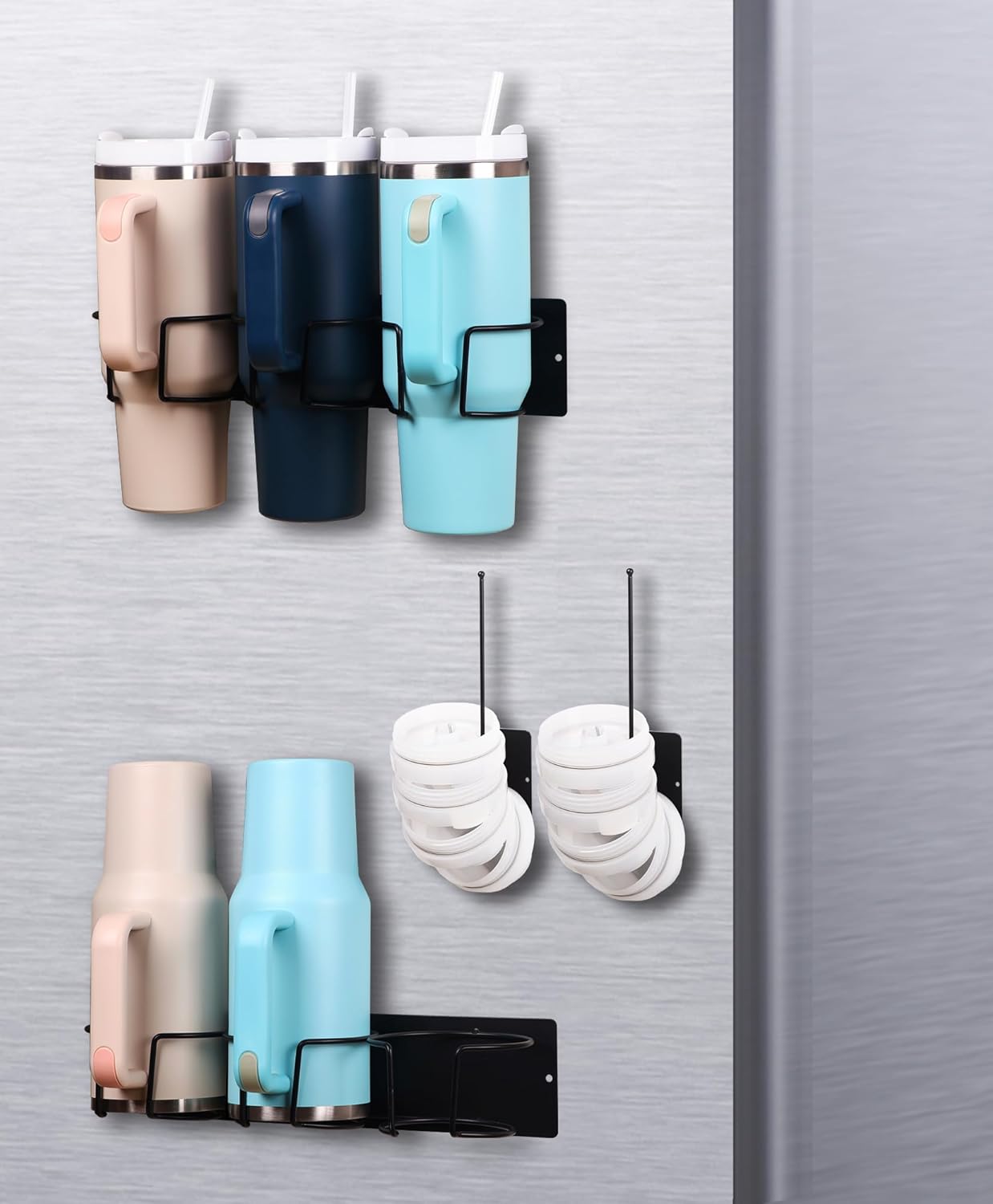 Magnetic Tumbler Holder for Stanley, Magnetic Cup Organizer for Refrigerator, Compatible with Stanley 30oz & 40oz Tumblers, Water Bottle Magnetic Rack (Deep Black, 6 Tumblers& 2 Lid Holder)