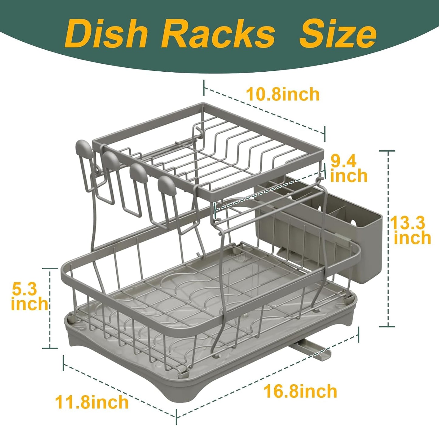 LIYI Dish Drying Rack,Large Dish Rack for Kitchen Counter,2-Tier Dish Racks with draining Tray,Detachable Capacity Dish Drainer Organizer,Grey