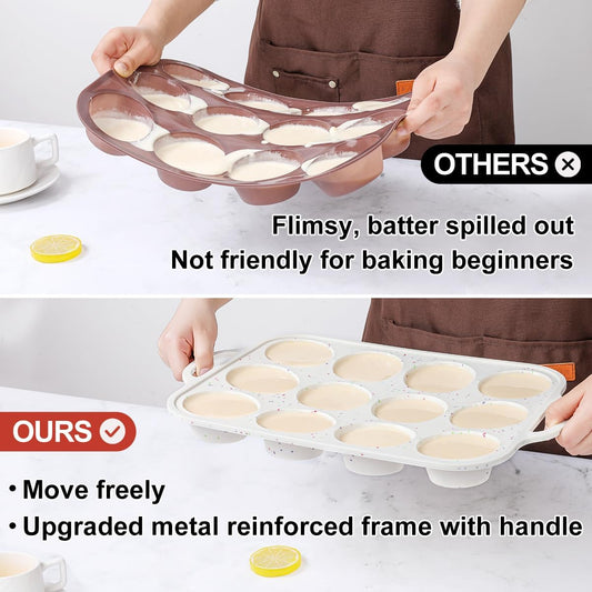 Silicone Muffin Pan, with Metal Reinforced Frame 2.8 Inch Regular Size Silicone Cupcake Pan Nonstick 12 Cups for Baking Homemade Muffins, Cupcakes, Egg Bites 2 Pack Dishwasher Safe BPA Free