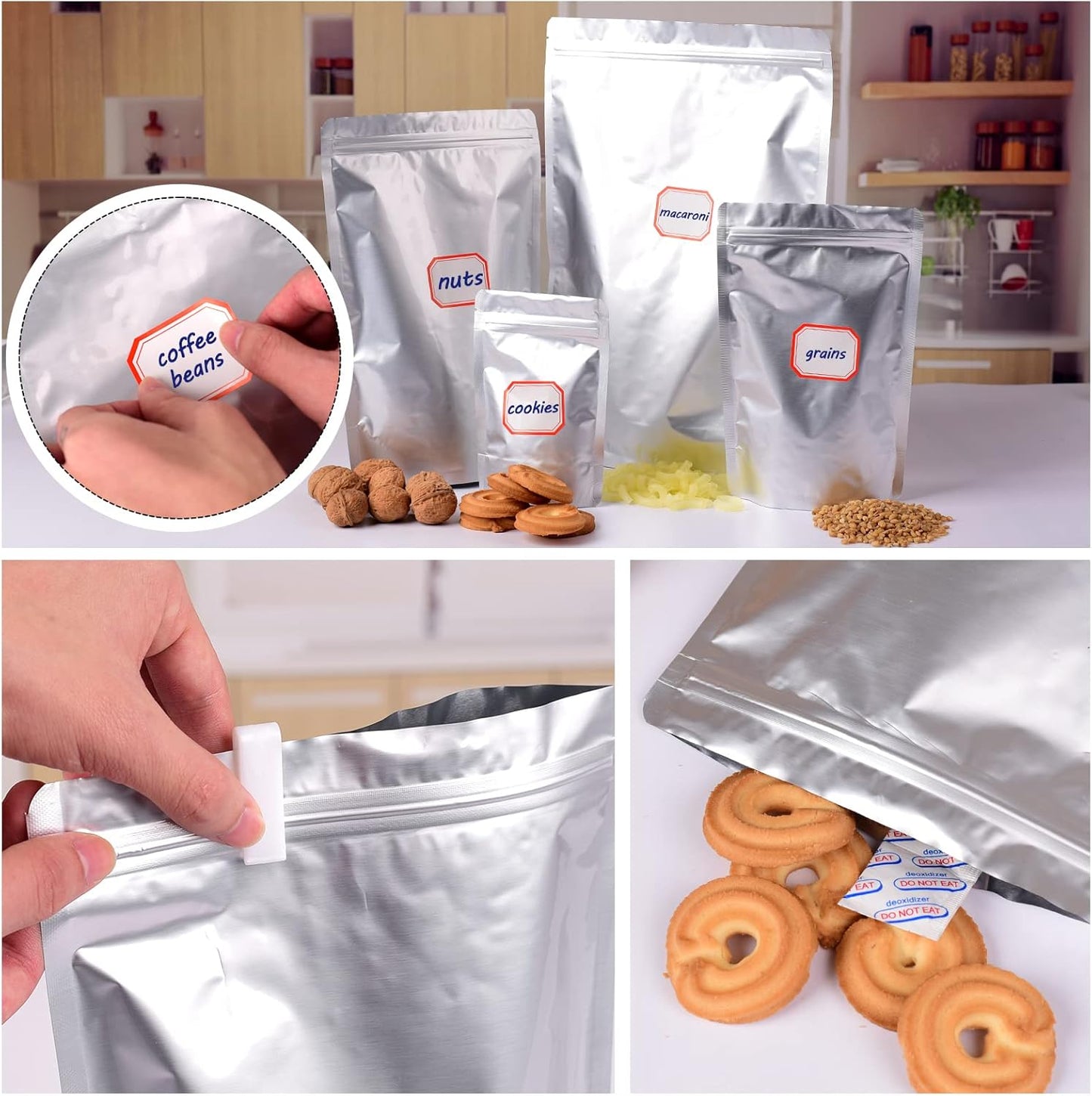 120 Mylar Bags for Food Storage with Oxygen Absorbers 300cc, 8 Mil 1Gallon 10"x14", 7.5"x11.5", 6"x9", 4.3"x6.3" Stand-Up Zipper Resealable Bags & Heat Sealable Food Storage Bags + Labels