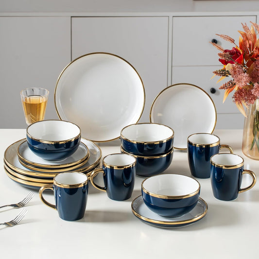 Blue Ceramic Dinnerware Sets for 4, 16-Piece Luxury Plates and Bowls Sets with Gold Rim, Modern Dish Set for Wedding Christmas Anniversary, Crack Resistant | Dishwasher & Freezer Safe
