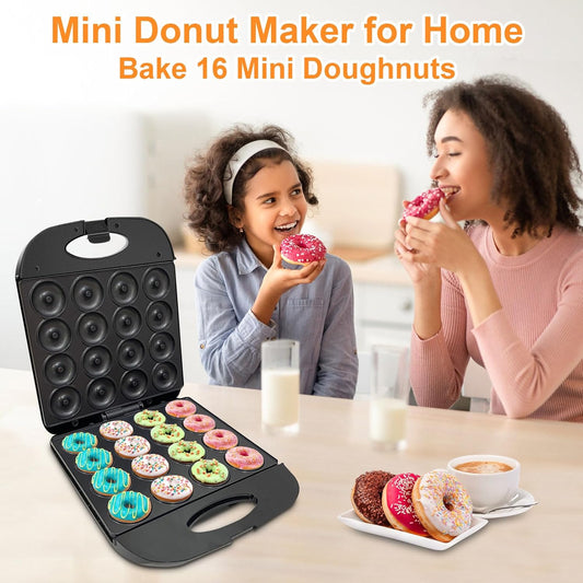 2025 Mini Donut Maker Machine for Home, Kid-Friendly 16-Hole Electric Doughnut and Pancake Maker with Non-Stick Surface, Ideal for Homemade Doughnuts (Black with Mini Oven Gloves & Brush)