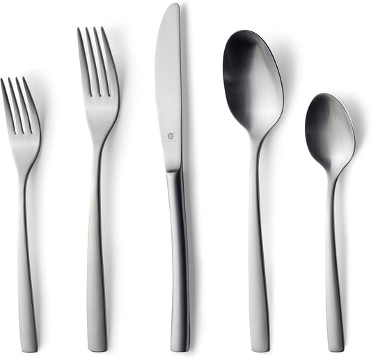 Matte Silverware Set, 18/10 Stainless Steel Satin Flatware, Modern Brushed Finish Cutlery, Dishwasher Safe & Durable, Built to Last (60-Piece, Sleek)