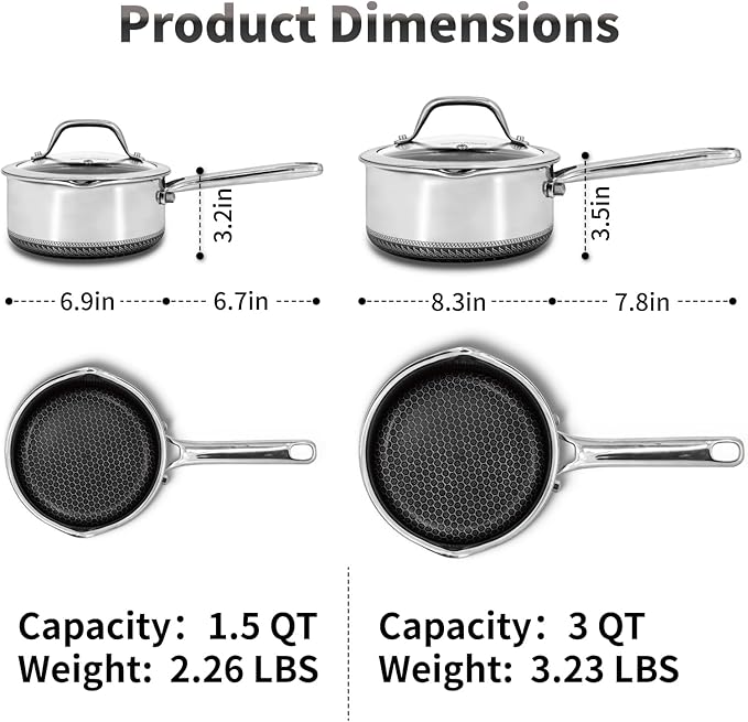 Hybrid Nonstick Saucepan Set of 2 with Lids 1.5 QT and 3 QT, Stainless Steel Honeycomb Pans with Side Pour Spouts,Compatible with All Cooktops,Dishwasher and Oven Safe
