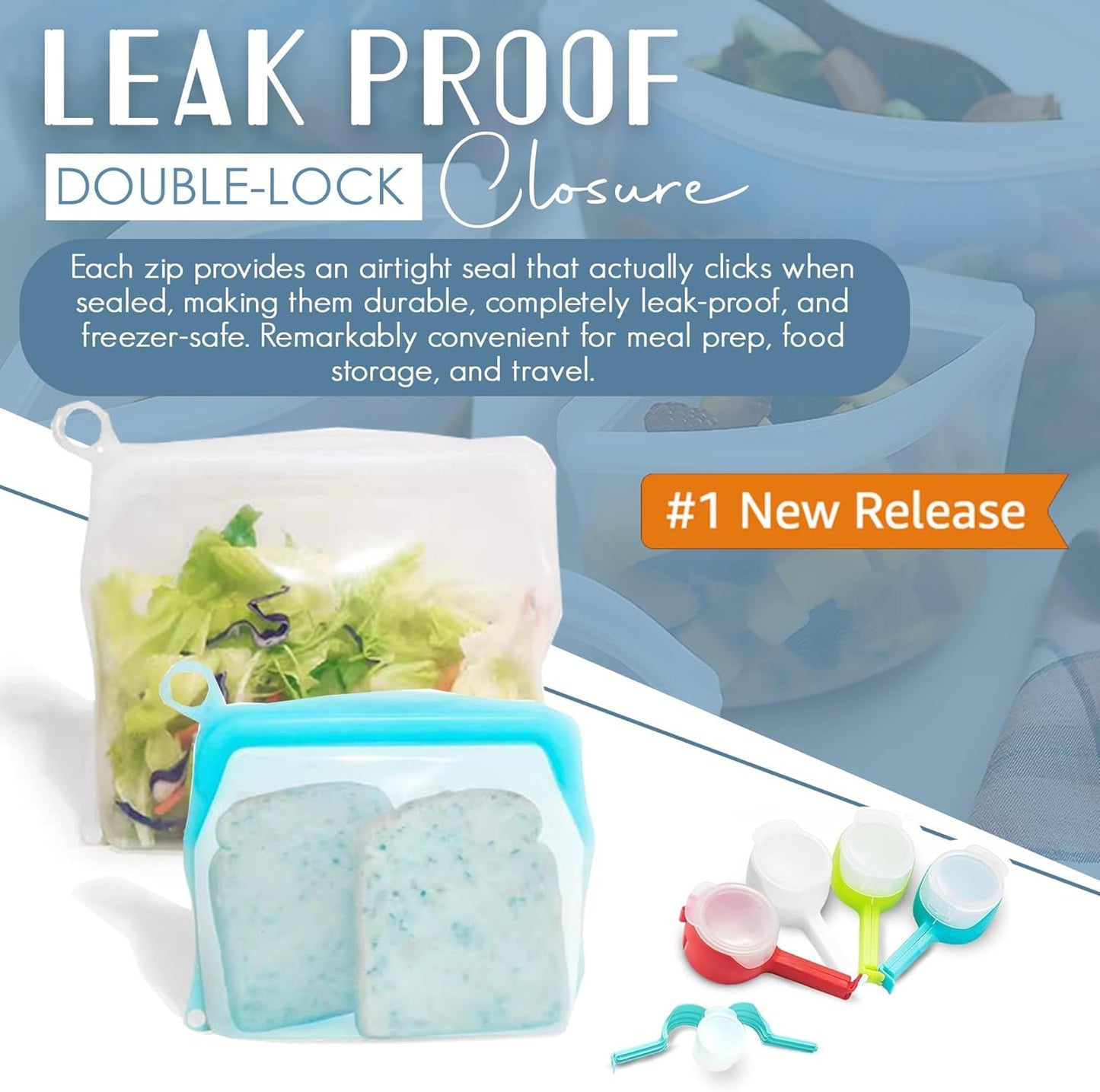 Silicone Food Storage Bags & Bag Clips with Pour Spout - Pack of 6 - Reusable, BPA-Free, Leak Proof Zip Bags – Freezer, Microwave & Dishwasher Safe – Airtight Food Storage & Sealing Clips for Snacks