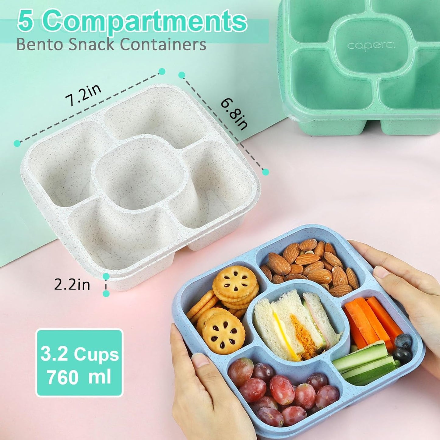 Caperci Original Bento Snack Box and Lunchable Containers for Kids & Adults - 5 Compartment Food Storage Containers for Snacks and Meals, Wheat Straw, BPA-Free, Set of 4 (Multicolor & Clear Lids)