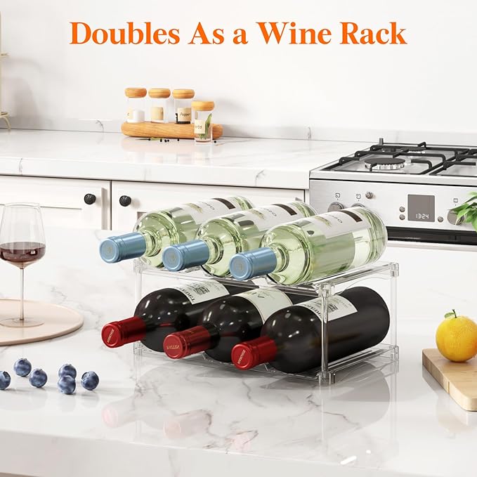 Lifewit Stackable Water Bottle Storage Organizer, Clear Freestanding Wine Bottle Holder for Cabinet, Tumbler Cup Organizer, Plastic Large Compartment Wine Rack for Fridge Cellar, 2Tier Hold 6