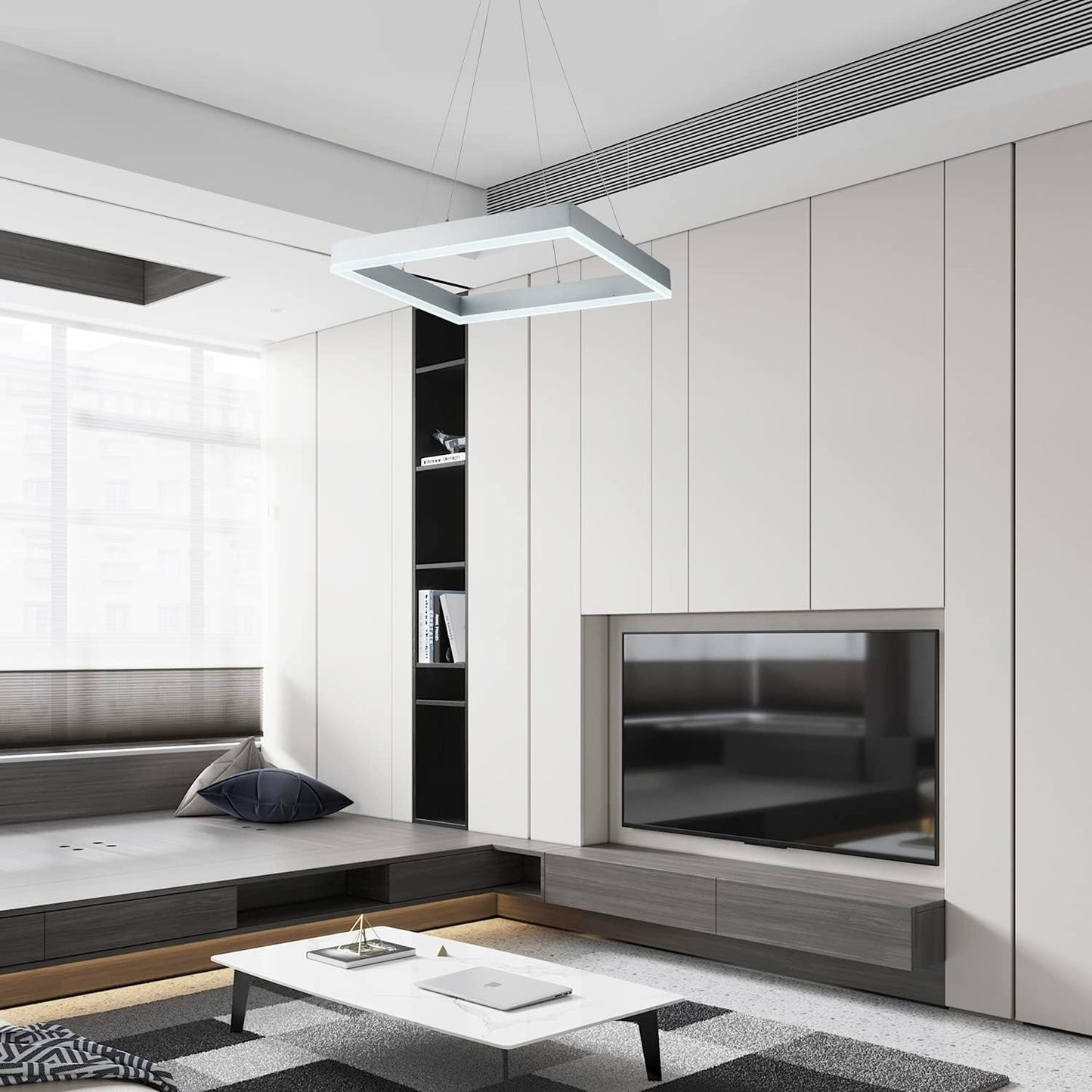 Room Decor Modern Chandelier Square LED Chandelier Dimmable Comtemporary LED Pendant Light Foyer Chandelier for Dining Room Kitchen Office, Cool White 6000K Silver