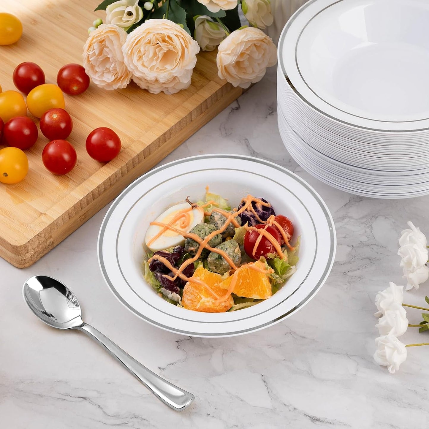 Goodluck 50 Pack Plastic Bowls with Silver Rim, 12oz Disposable Soup Bowls for Weddings, Parties, Dinners, Catering, and Everyday Use
