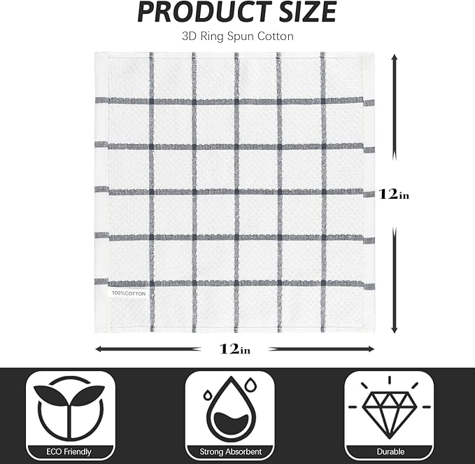 Nialnant 8 Pack Kitchen Dish Rags,100% Cotton Dish Cloths for Washing Dishes,Quick Drying Kitchen Towels,12x12 Inches,Black Plaid