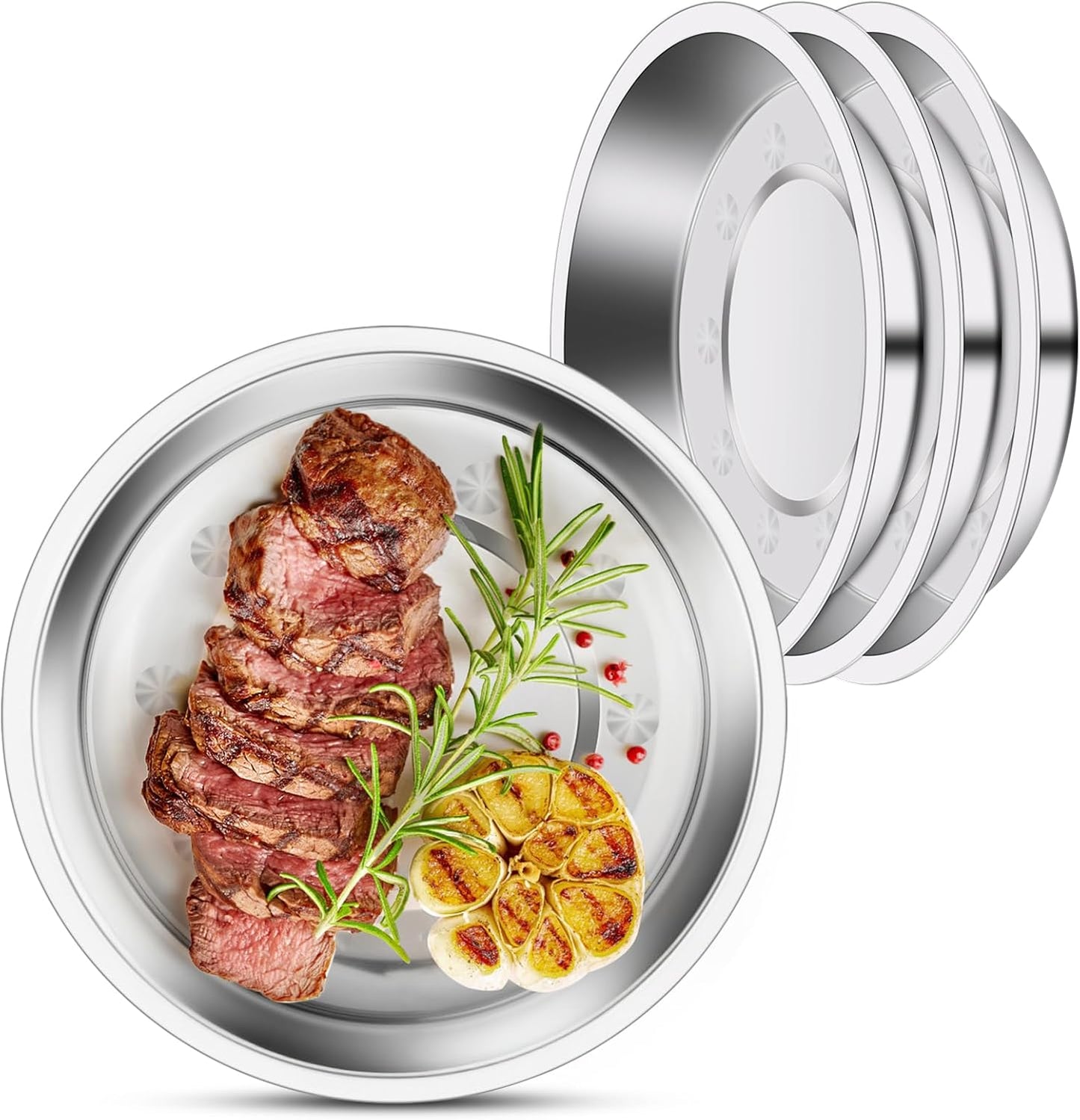 4 Patterned Deep Stainless Steel Plates, 7.8 inch 201 Metal Camping Plate, Reusable Food Serving Dish Snack Eating Dishes Round Shatterproof Silver BBQ Dinner Dinnerware Oven Dishwasher Safe