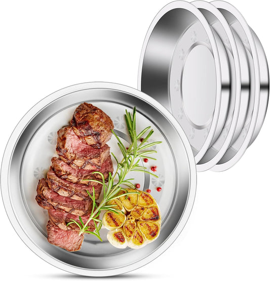 4 Patterned Deep Stainless Steel Plates, 7.8 inch 201 Metal Camping Plate, Reusable Food Serving Dish Snack Eating Dishes Round Shatterproof Silver BBQ Dinner Dinnerware Oven Dishwasher Safe