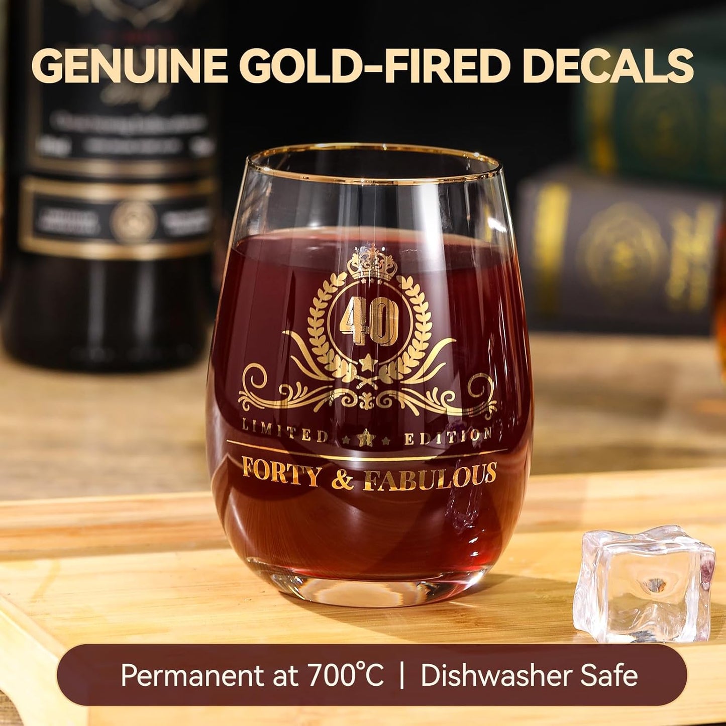 40th Birthday Gifts Women - Gold Accent Stemless Wine Glass with Premium Gift Box and Blank Card, Unique 40th Birthday Gifts for Women, Her, Wife, Sister, Friend (Forty & Fabulous)