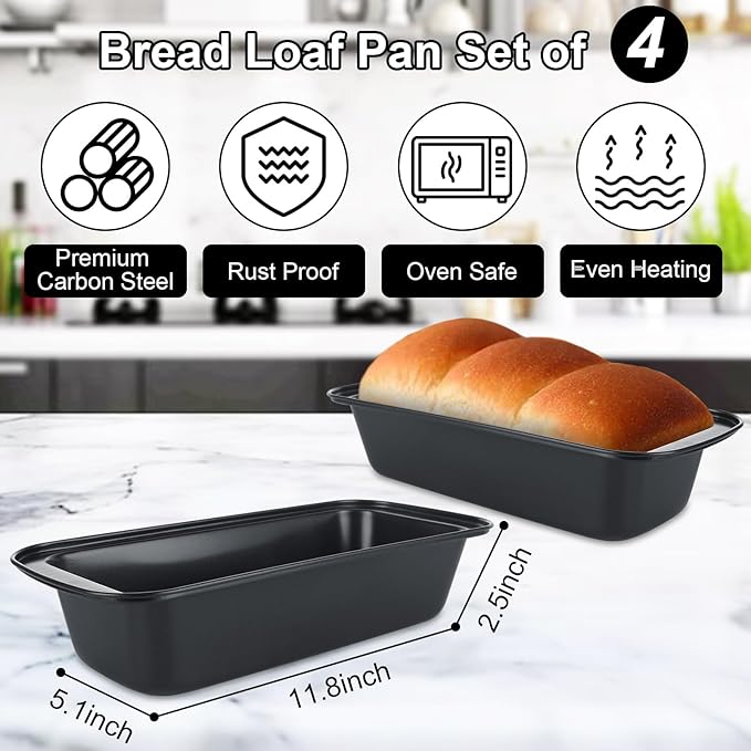 4 Pack Large 11.8'' x 5'' Bread Loaf Pan Carbon Steel Long Bread Loaf Pan Bread Pans for Homemade Bread Meatloaf Pan Dishwasher Safe Easy Release Bakeware