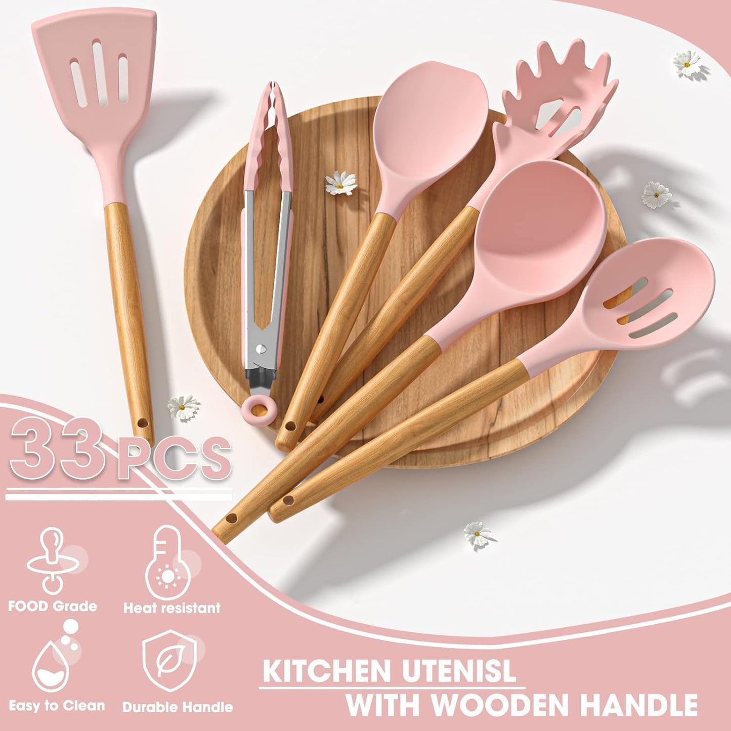 Umite Chef Silicone Kitchen Utensils Set, 33 Piece Non-Stick Kitchen Utensils with Stand, Wooden Handle, Pink