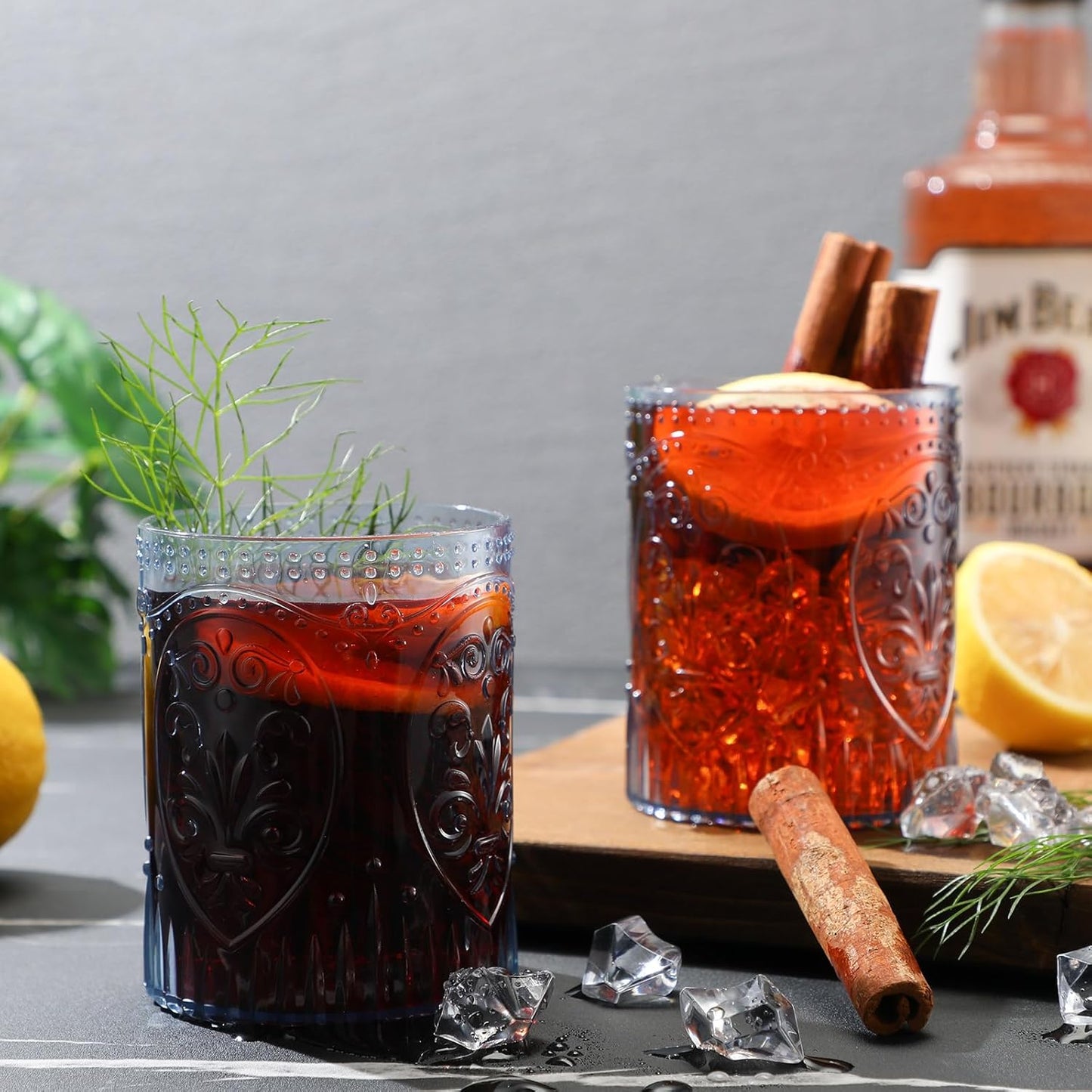 48 Plastic Vintage Drinking Glasses 8.5oz Stemless Retro Embossed Wine Glasses Shatterproof Reusable Cups for Baby Shower Wedding Reception Grand Event Party (Blue)