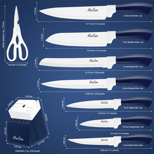 Kitchen Knife Set with Block and Build-In Sharpener,14-Piece German High Carbon Stainless Steel Knives Sharp Blade, Dishwasher Safe (14pcs-blue with white ceramic coating)