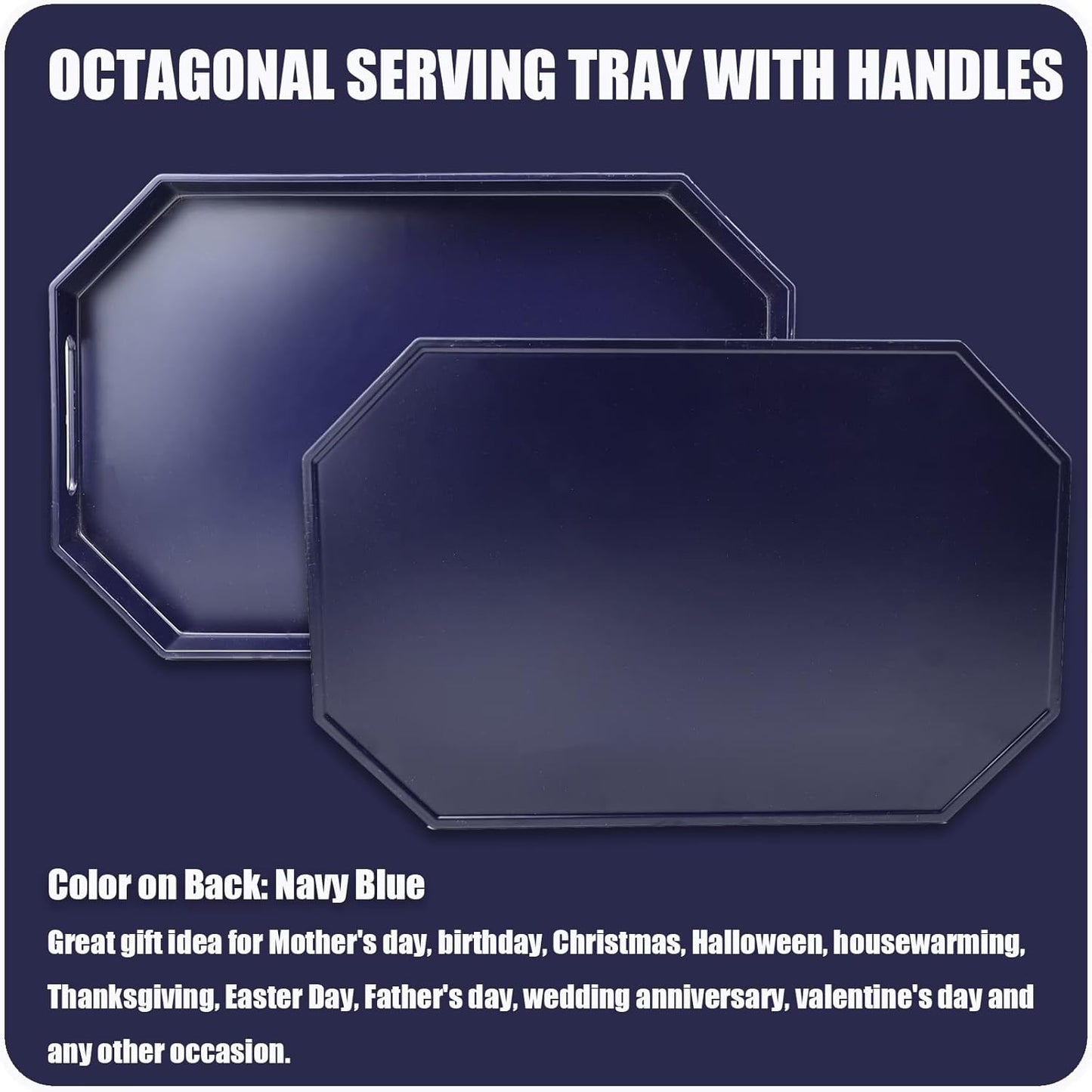 Navy Blue Octagonal Serving Tray with Handles for Coffee Table, Plastic Decorative Tray for Ottoman, Kitchen Counter, Living Room, Outdoor Lacquer Tray for Entertaining