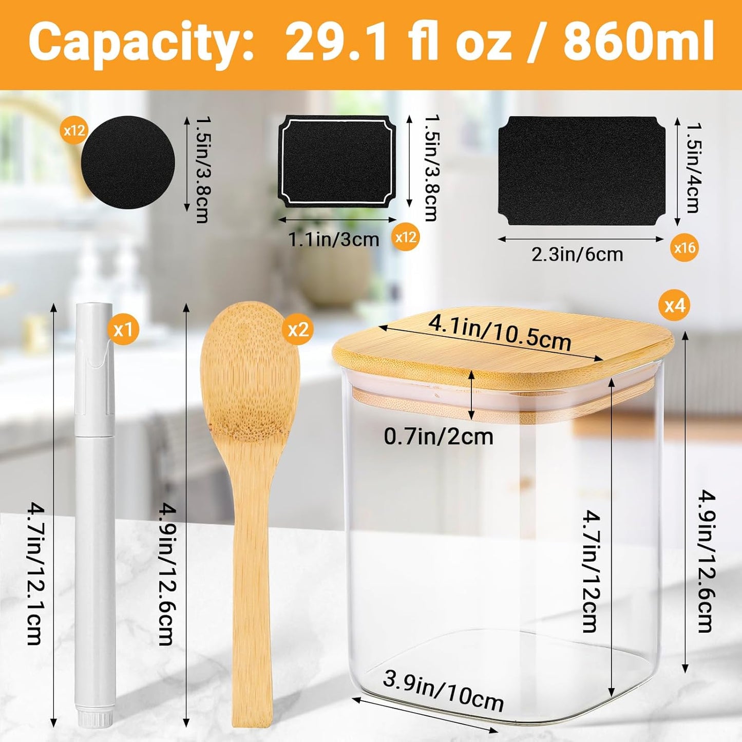 Glass Storage Jars, 4 Pack 29 Fl.oz Square Glass Jars with Bamboo Lids, Clear Kitchen Pantry Storage Containers for Sugar, Coffee, Flour, Tea, Candy - Set Comes with Labels, Marker and Spoon