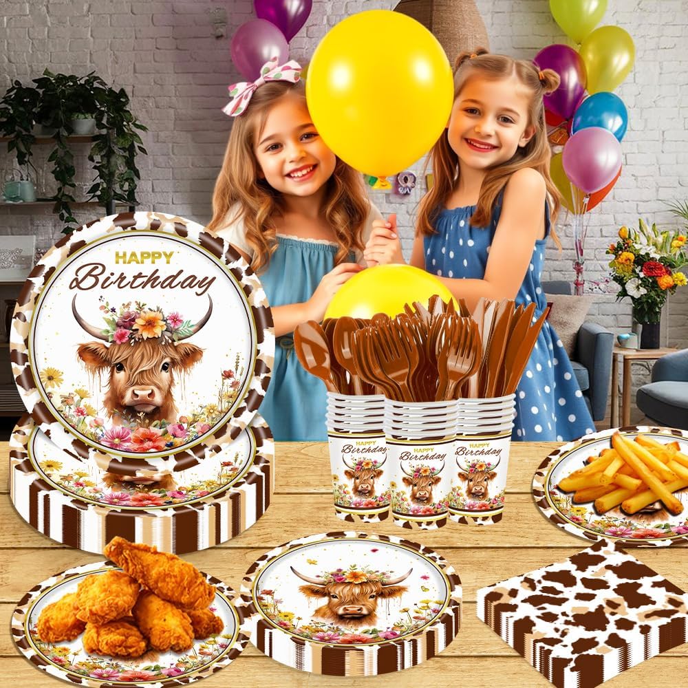 140 Pcs Highland Cow Birthday Party Supplies Holy Cow Highland Themed Baby Shower Birthday Party Decorations Disposable Tableware Set Plates Napkins Cups Serves 20