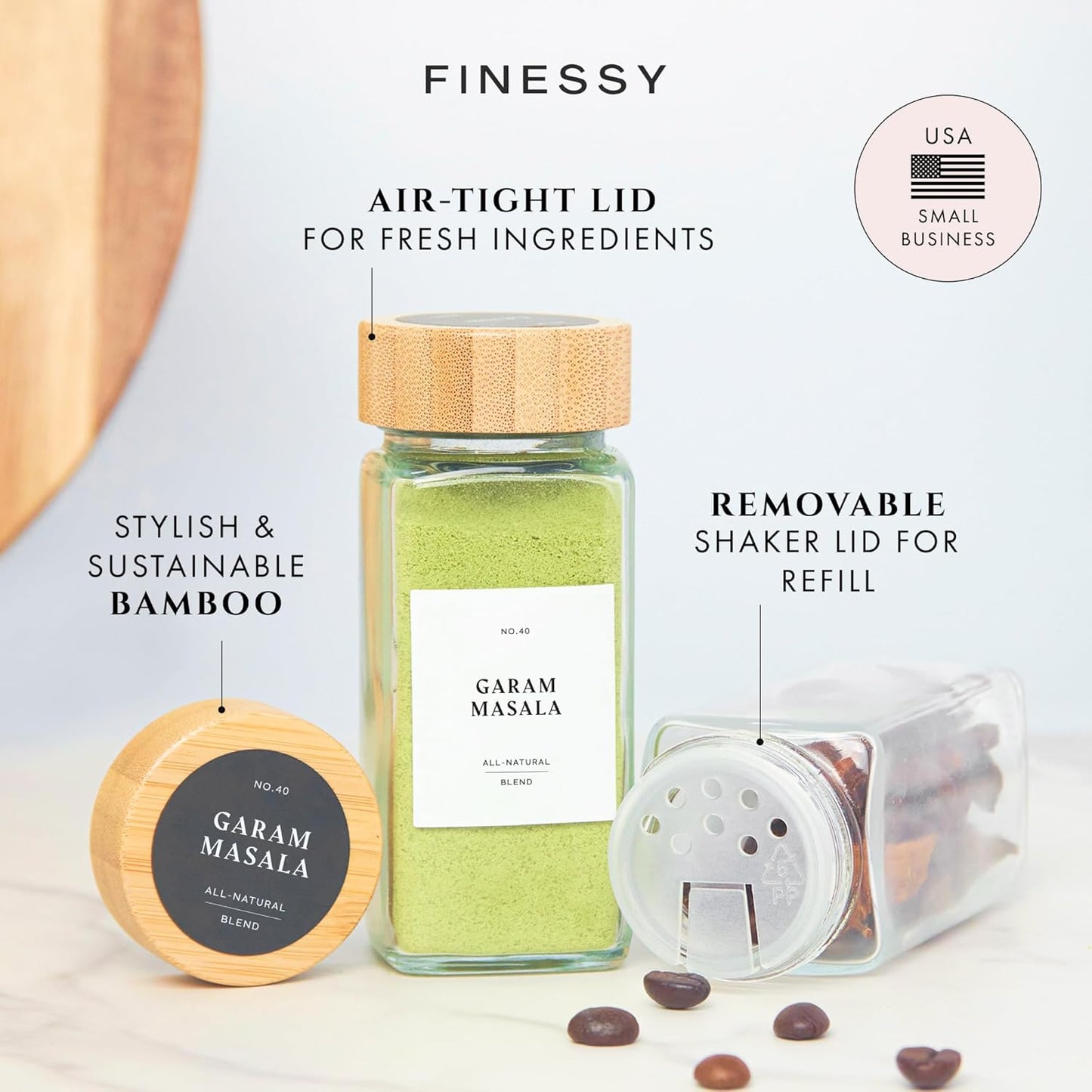 FINESSY Glass Spice Jars with Label with Bamboo Lids 36 Pack Set, 4oz Empty Clear Glass Spice Bottles with Shaker Lids, Airtight Kitchen Seasoning Organizer Jars, Herb Seasoning Containers with Labels