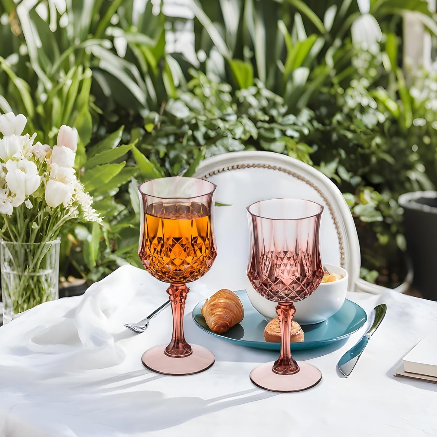 7OZ Plastic Wine Glasses, 10Pcs Rose Red Reusable Drinking Cups Vintage Champagne Flutes, Plastic Crystal Water Goblets for Parties Stemmed Shatterproof Drinking Glasses for Wedding, Toasting Party