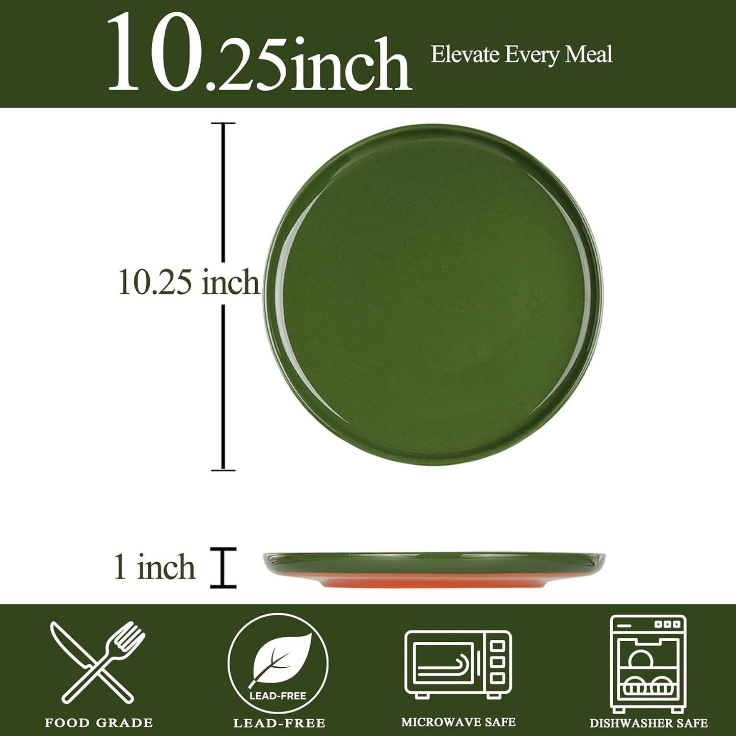 Stoneware Dinner Plates Set of 4, 10.25 Inch Plates for Steak, Pasta, Ceramic Plates Sets, Microwave Safe, Dishwasher Safe, Versatile for All Seasons, Forest Glaze Green