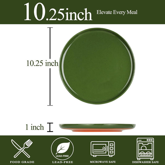 Stoneware Dinner Plates Set of 4, 10.25 Inch Plates for Steak, Pasta, Ceramic Plates Sets, Microwave Safe, Dishwasher Safe, Versatile for All Seasons, Forest Glaze Green
