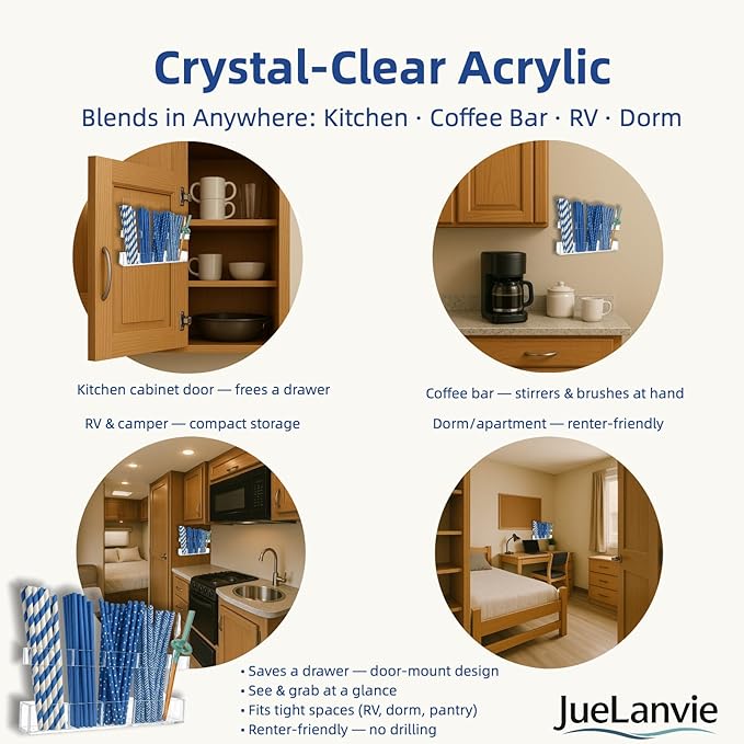 Upgraded 9.5” Acrylic Straw Holder for Cabinet Door – Adjustable Two-Part Organizer, Clear Kitchen Storage with Strong Adhesive, Space-Saving, No Drilling, Renter-Friendly