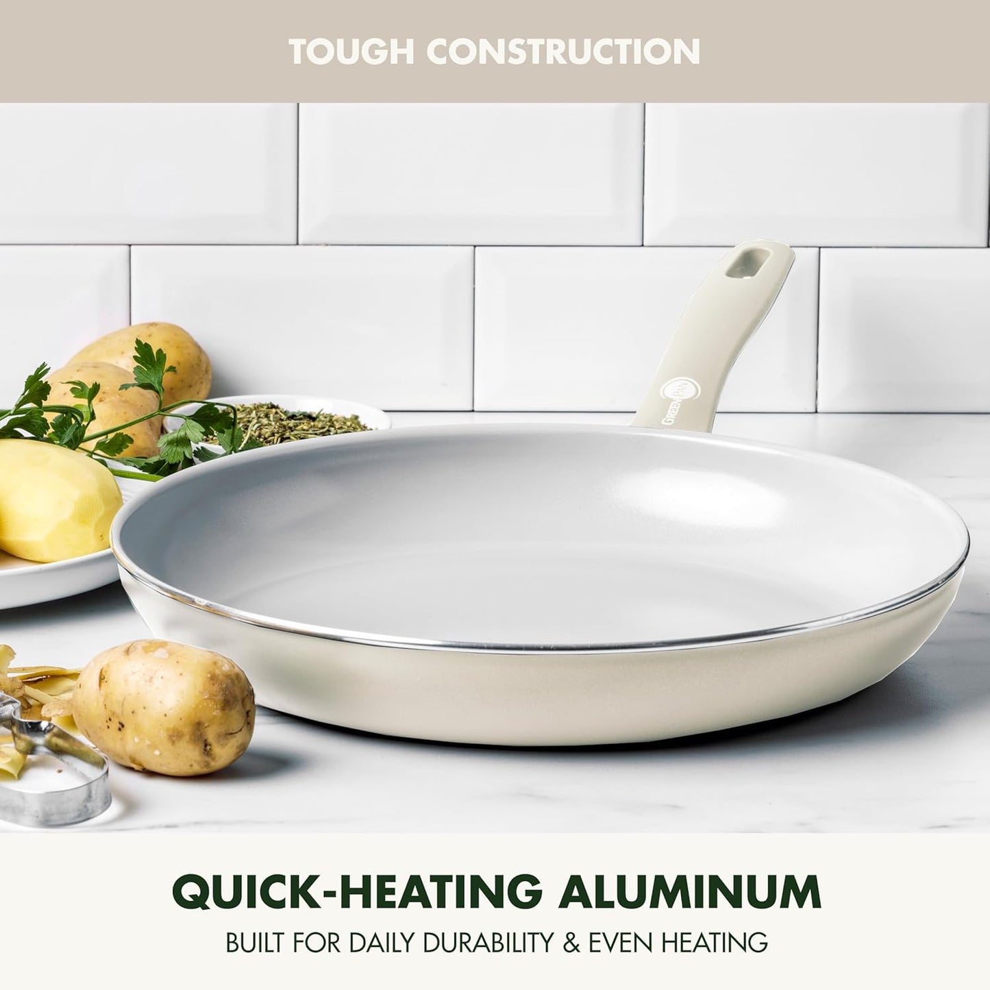 GreenPan Dover 12” Frying Pan Skillet, Non-Toxic PFAS-Free PFOA-Free Ceramic Nonstick Coating, Sear Saute Fry Egg Omlete, Dishwasher & Oven Safe, Stay Cool Handle, Easy Pour Rims, Cream White