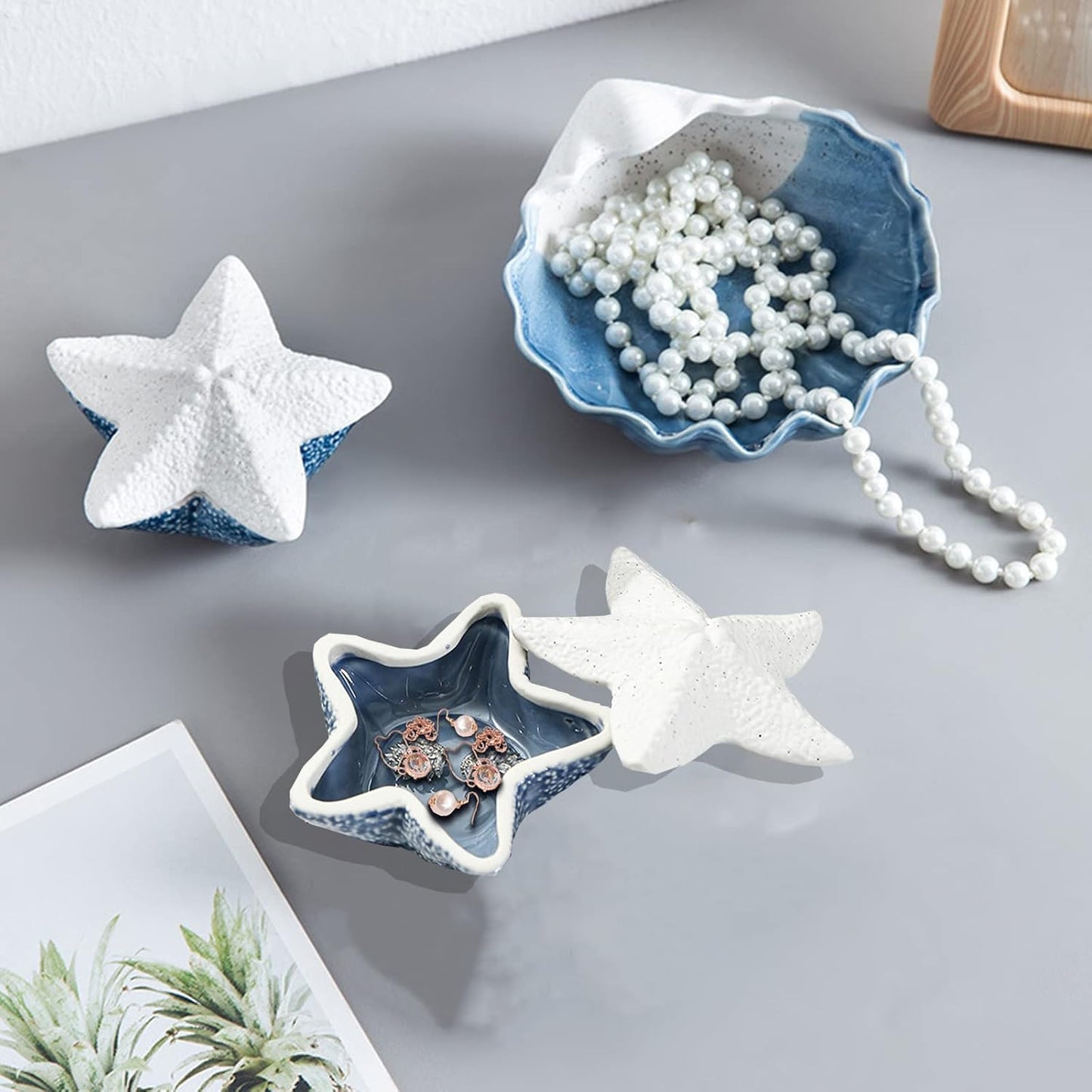 Starfish Ring Holder for Jewelry, Ceramic Trinket Tray Candy Dishes, Jewelry Tray Jewelry Plate, Bracelet Holder and Earring Organizer for Table Birthday Home Party Decor (C STYLE)