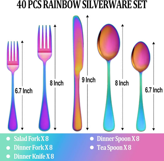 40 Pcs Rainbow Silverware Set Service for 8,Stainless Steel Flatware Serving Sets,Kitchen Tableware Set,Utensil Set for Home and Restaurant,Knives Forks Spoons Set,Mirror Polished,Dishwasher Safe