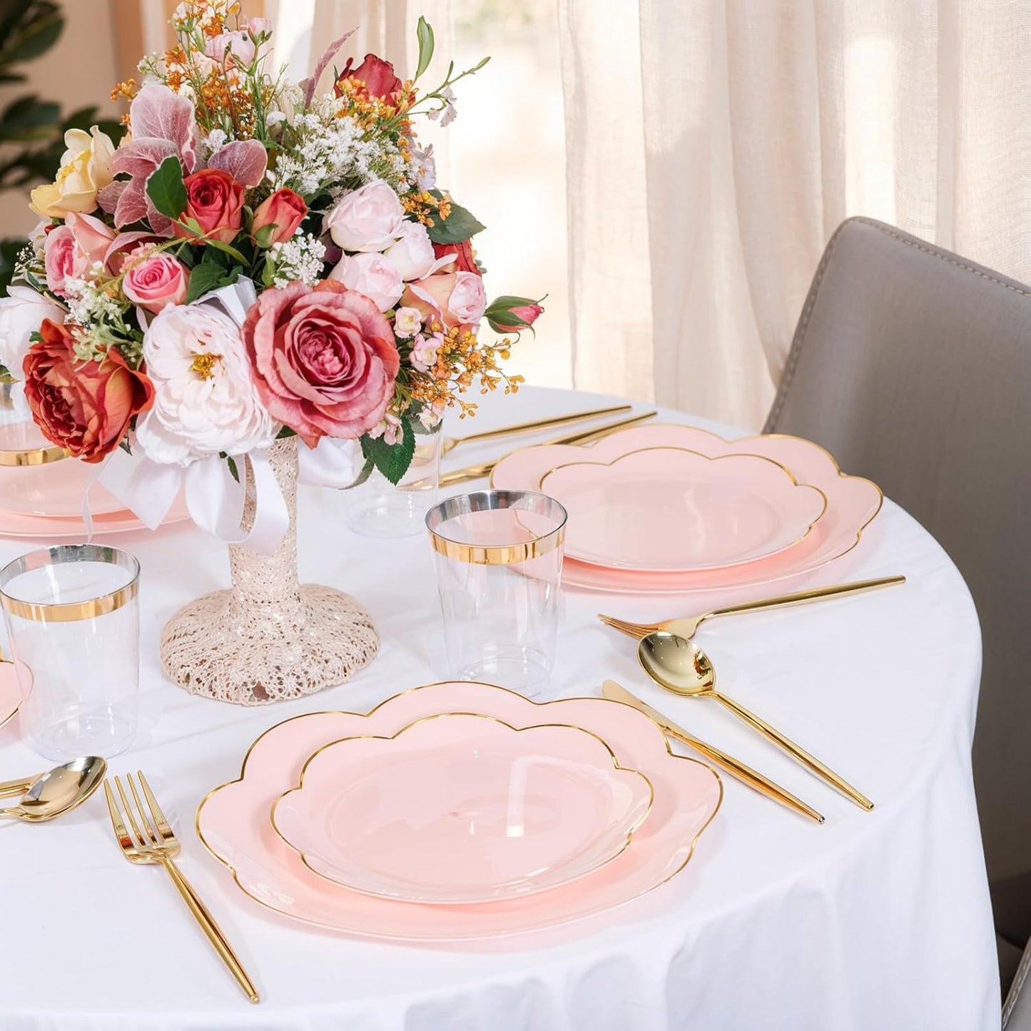 EI 180pcs Pink Plastic Plates with Gold Plastic Silverware,Party Plates Disposable,Pink Dinnerware Set for Afternoon Tea,Wedding,Birthday,Easter