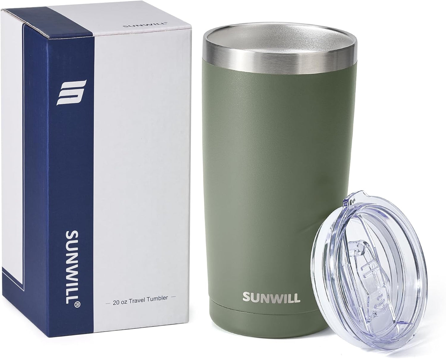 SUNWILL Travel Coffee Tumbler 20 oz, Insulated Mug with Lid, Stainless Steel Iced Cup for Outdoor, Powder Coated Camp Green